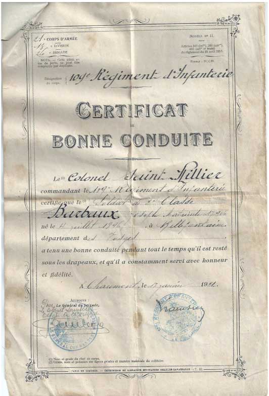 Certificat de bonne conduite de Joseph Barbaux - poilu de la guerre 1914/1918