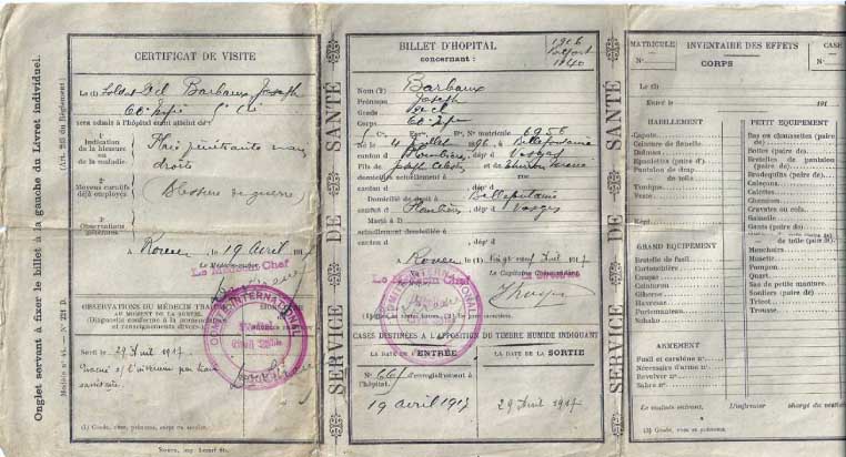 Certificat de blessure de Joseph Barbaux - poilu de la guerre 1914/1918 Certificat de blessure de Joseph Barbaux - poilu de la guerre 1914/1918
