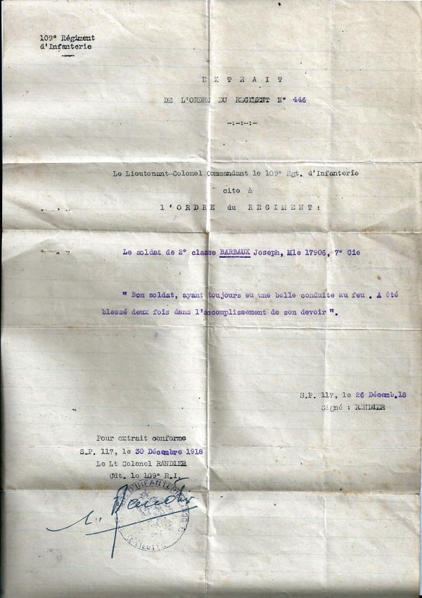 Citation militaire de Joseph Barbaux - poilu de la guerre 1914/1918 Citation militaire de Joseph Barbaux - poilu de la guerre 1914/1918