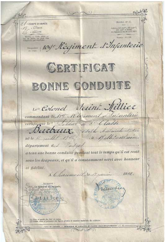 Certificat de bonne conduite de Joseph Barbaux - poilu de la guerre 1914/1918 Certificat de bonne conduite de Joseph Barbaux - poilu de la guerre 1914/1918