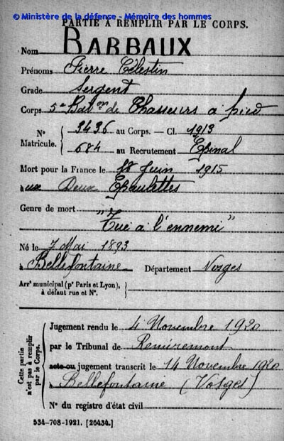 Céleste Barbaux, poilu de 1914/1918