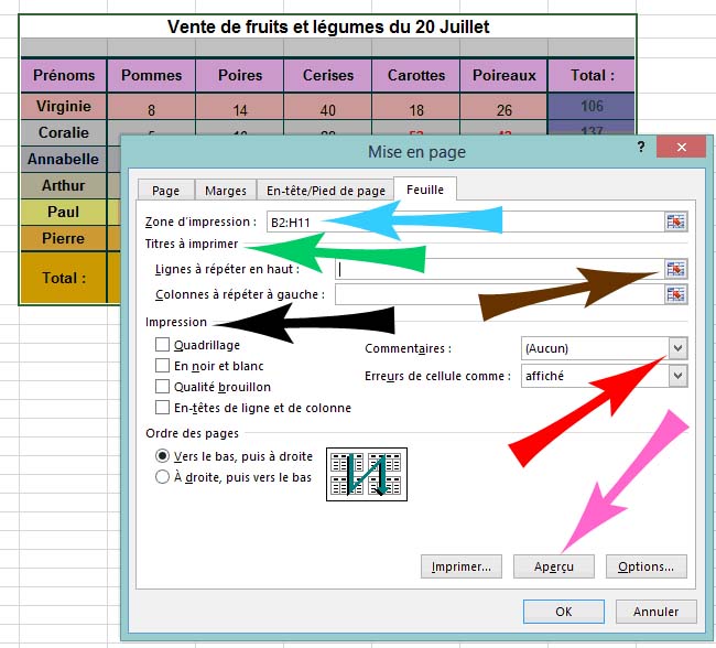 Onglet Mise en page - imprimer les titres - Excel 2013