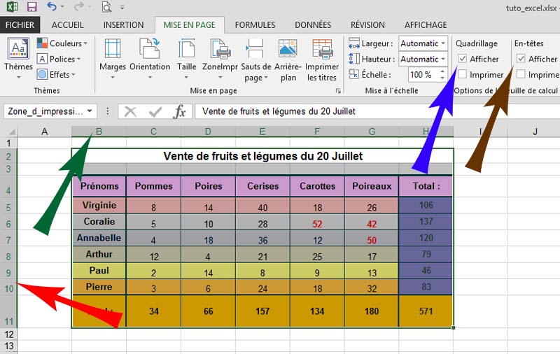 Onglet Mise en page - quadrillage - Excel 2013