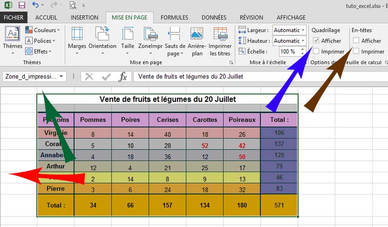 Onglet Mise en page - en-têtes - Excel 2013