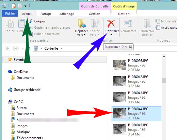 Explorateur Windows - supprimer un fichier de la corbeille